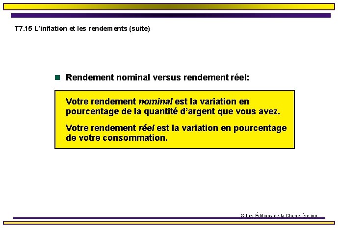 T 7. 15 L’inflation et les rendements (suite) n Rendement nominal versus rendement réel: