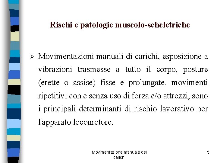 Rischi e patologie muscolo-scheletriche Ø Movimentazioni manuali di carichi, esposizione a vibrazioni trasmesse a