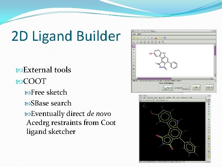 2 D Ligand Builder External tools COOT Free sketch SBase search Eventually direct de