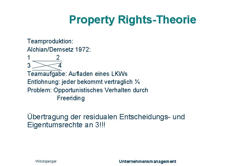 Property Rights-Theorie Teamproduktion: Alchian/Demsetz 1972: 1 2 3 4 Teamaufgabe: Aufladen eines LKWs Entlohnung: