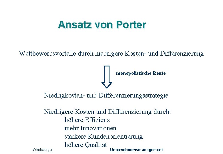 Ansatz von Porter Wettbewerbsvorteile durch niedrigere Kosten- und Differenzierung monopolistische Rente Niedrigkosten- und Differenzierungsstrategie