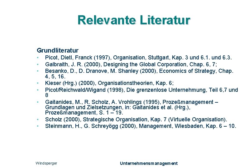 Relevante Literatur Grundliteratur • • Picot, Dietl, Franck (1997), Organisation, Stuttgart, Kap. 3 und