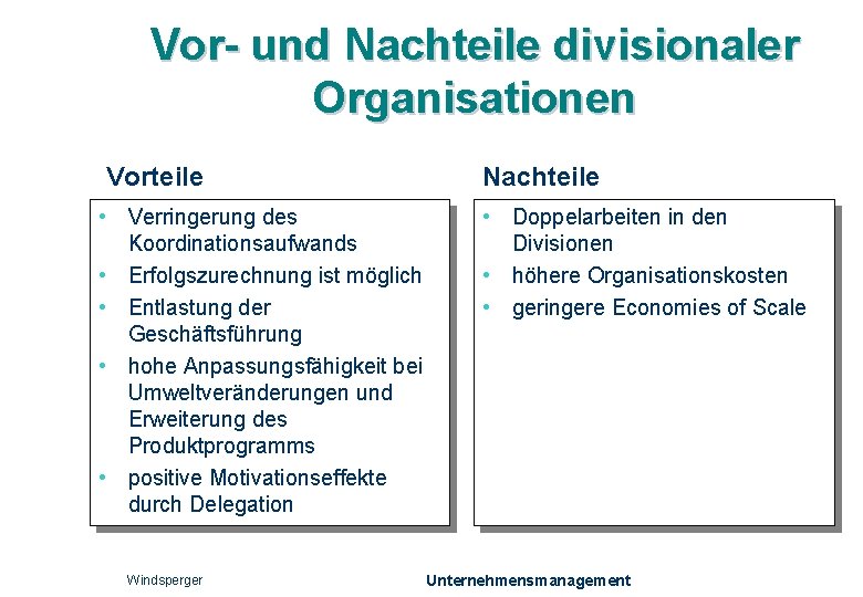 Vor- und Nachteile divisionaler Organisationen Vorteile Nachteile • Verringerung des Koordinationsaufwands • Erfolgszurechnung ist