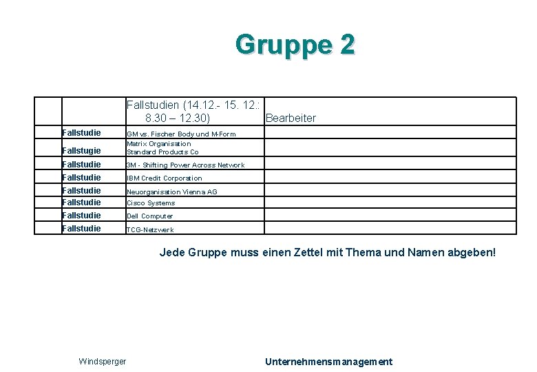 Gruppe 2 Fallstudien (14. 12. - 15. 12. : 8. 30 – 12. 30)