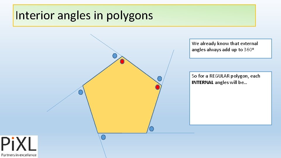 Interior angles in polygons We already know that external angles always add up to