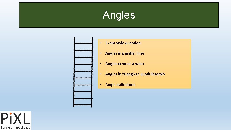 Angles • Exam style question • Angles in parallel lines • Angles around a