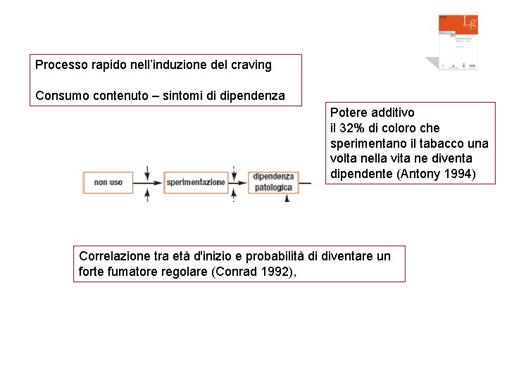 Processo rapido nell’induzione del craving Consumo contenuto – sintomi di dipendenza Potere additivo il