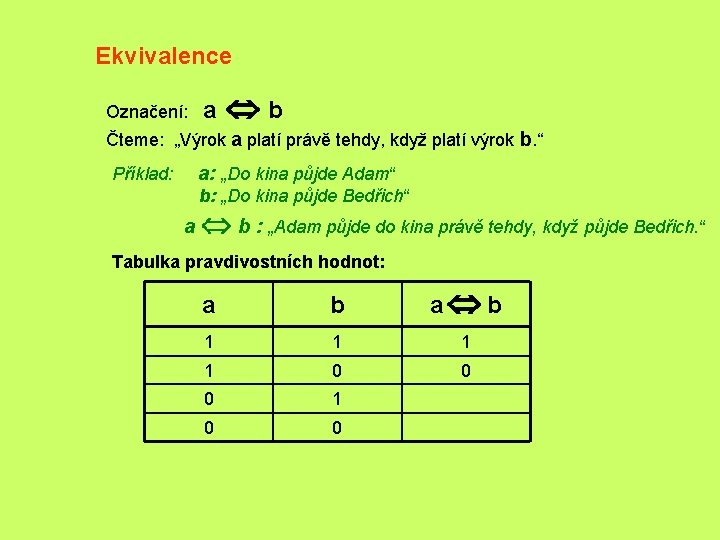 Ekvivalence Označení: a Ûb Čteme: „Výrok a platí právě tehdy, když platí výrok b.