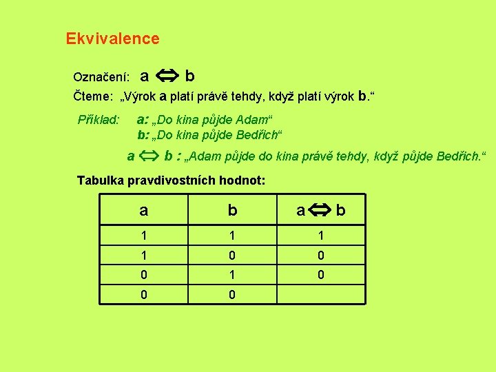 Ekvivalence Označení: a Ûb Čteme: „Výrok a platí právě tehdy, když platí výrok b.