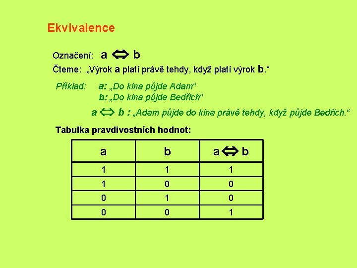 Ekvivalence Označení: a Ûb Čteme: „Výrok a platí právě tehdy, když platí výrok b.