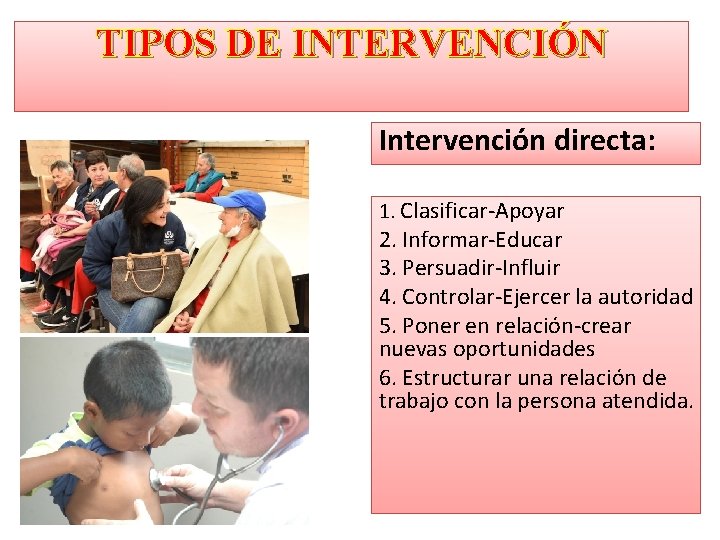 TIPOS DE INTERVENCIÓN Intervención directa: 1. Clasificar-Apoyar 2. Informar-Educar 3. Persuadir-Influir 4. Controlar-Ejercer la TIPOS DE INTERVENCIÓN Intervención directa: 1. Clasificar-Apoyar 2. Informar-Educar 3. Persuadir-Influir 4. Controlar-Ejercer la