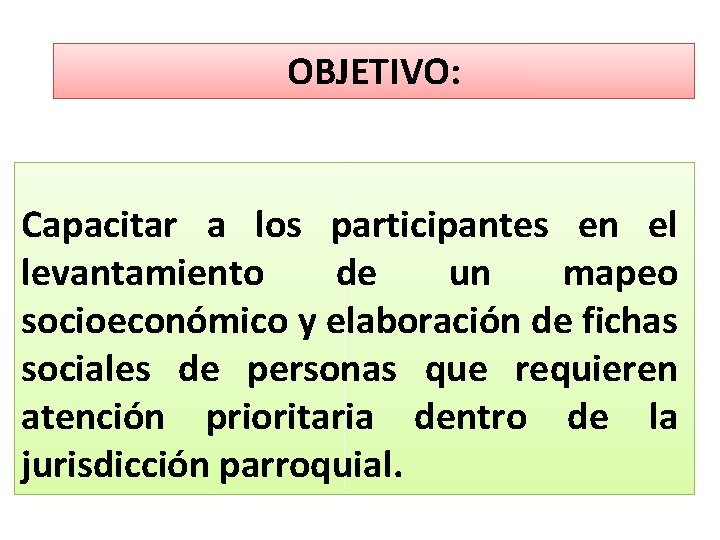 OBJETIVO: Capacitar a los participantes en el levantamiento de un mapeo socioeconómico y elaboración OBJETIVO: Capacitar a los participantes en el levantamiento de un mapeo socioeconómico y elaboración