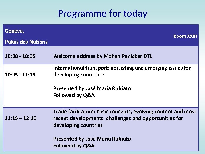 Programme for today Geneva, Palais des Nations 10: 00 - 10: 05 Welcome address