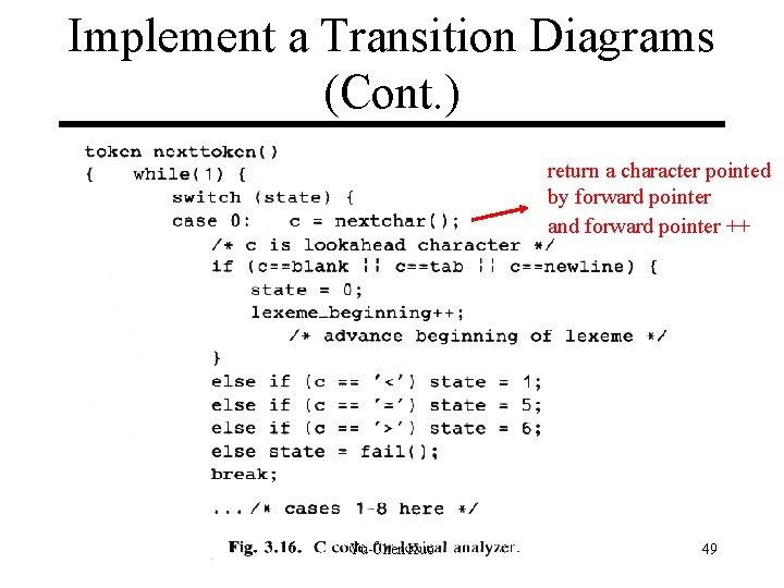 Implement a Transition Diagrams (Cont. ) return a character pointed by forward pointer and Implement a Transition Diagrams (Cont. ) return a character pointed by forward pointer and