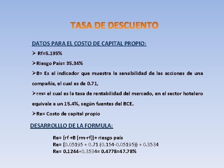 DATOS PARA EL COSTO DE CAPITAL PROPIO: Ø Rf=5. 195% ØRiesgo País= 35. 34%