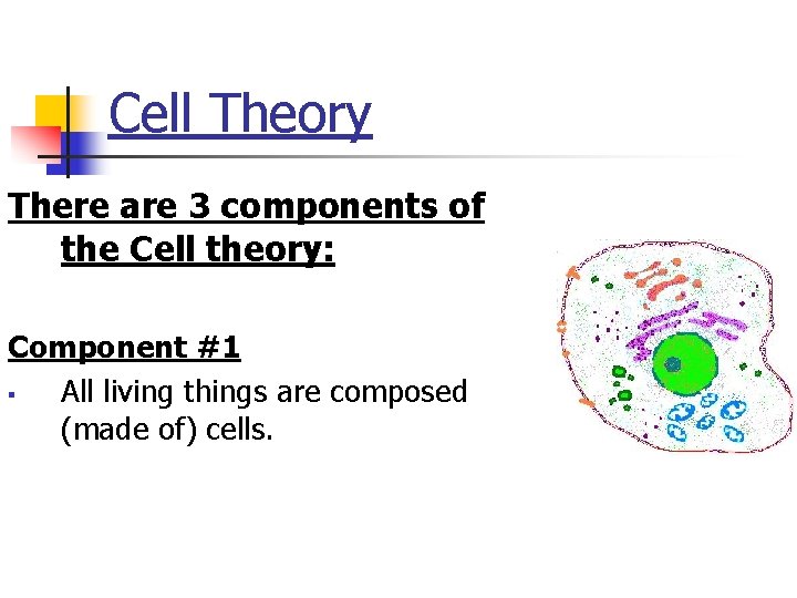 Cell Theory There are 3 components of the Cell theory: Component #1 § All Cell Theory There are 3 components of the Cell theory: Component #1 § All