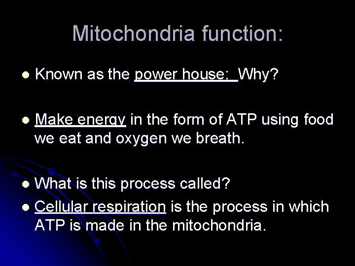 Mitochondria function: l Known as the power house: Why? l Make energy in the Mitochondria function: l Known as the power house: Why? l Make energy in the