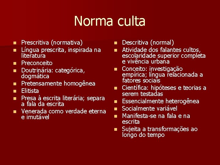 Norma culta n n n n Prescritiva (normativa) Língua prescrita, inspirada na literatura Preconceito