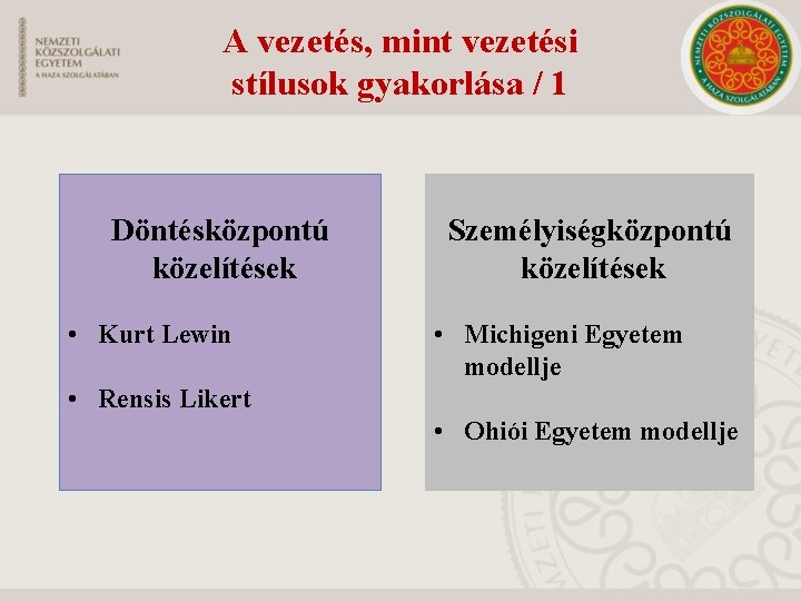 A vezetés, mint vezetési stílusok gyakorlása / 1 Döntésközpontú közelítések • Kurt Lewin Személyiségközpontú