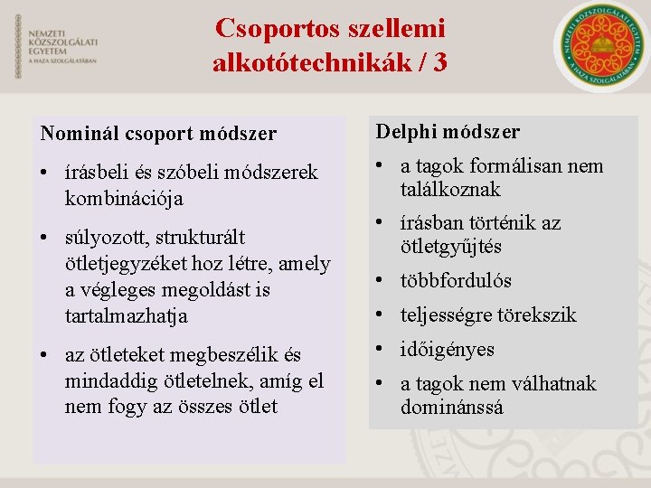 Csoportos szellemi alkotótechnikák / 3 Nominál csoport módszer Delphi módszer • írásbeli és szóbeli