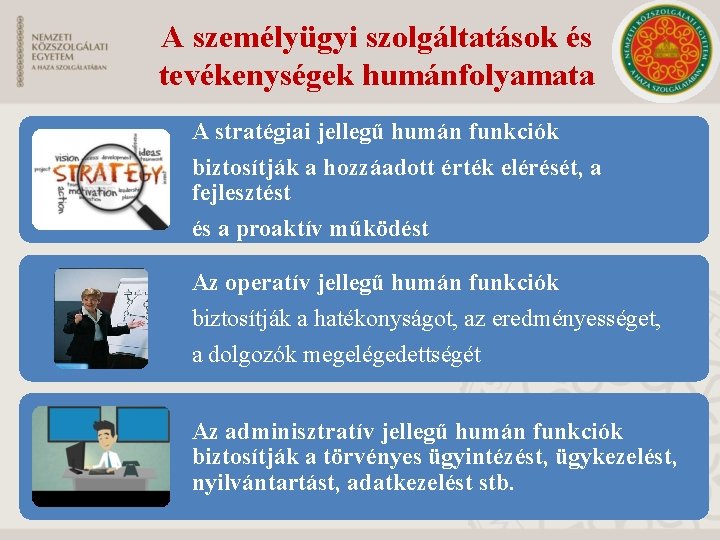 A személyügyi szolgáltatások és tevékenységek humánfolyamata A stratégiai jellegű humán funkciók biztosítják a hozzáadott A személyügyi szolgáltatások és tevékenységek humánfolyamata A stratégiai jellegű humán funkciók biztosítják a hozzáadott