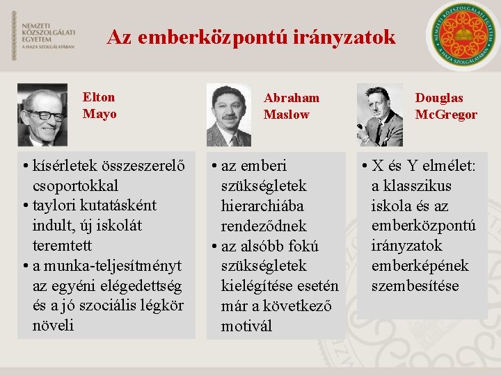 Az emberközpontú irányzatok Elton Mayo • kísérletek összeszerelő csoportokkal • taylori kutatásként indult, új Az emberközpontú irányzatok Elton Mayo • kísérletek összeszerelő csoportokkal • taylori kutatásként indult, új