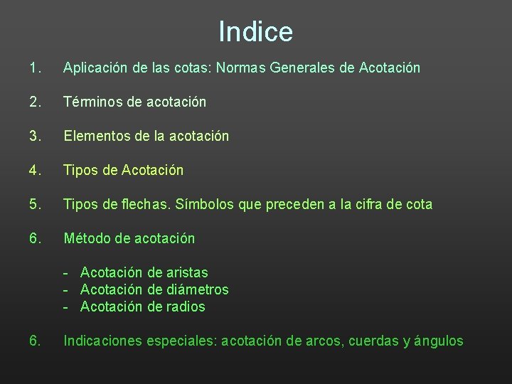 Indice 1. Aplicación de las cotas: Normas Generales de Acotación 2. Términos de acotación