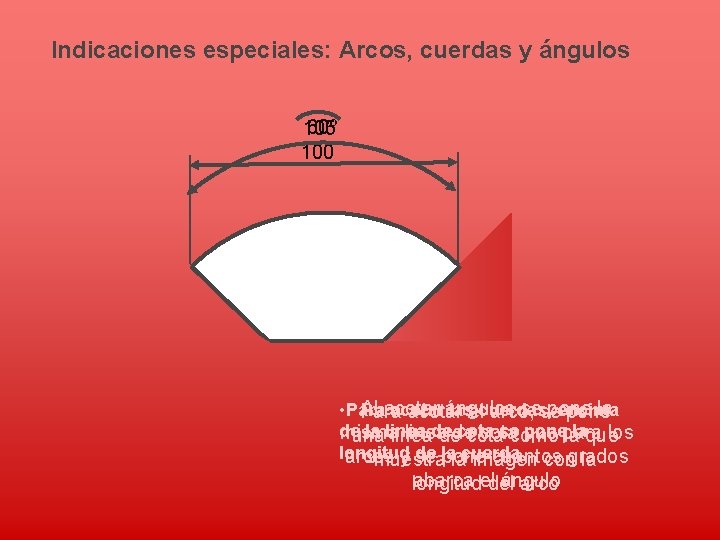 Indicaciones especiales: Arcos, cuerdas y ángulos 60º 105 100 Al acotar ángulos sese pone