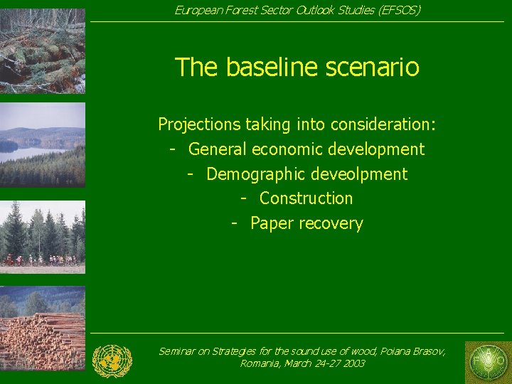 European Forest Sector Outlook Studies (EFSOS) The baseline scenario Projections taking into consideration: -