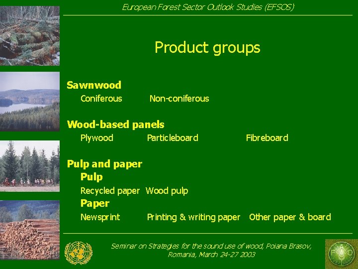 European Forest Sector Outlook Studies (EFSOS) Product groups Sawnwood Coniferous Non-coniferous Wood-based panels Plywood