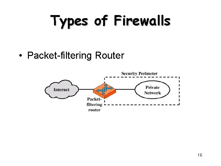 Types of Firewalls • Packet-filtering Router 16 