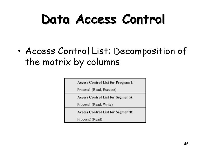 Data Access Control • Access Control List: Decomposition of the matrix by columns 46