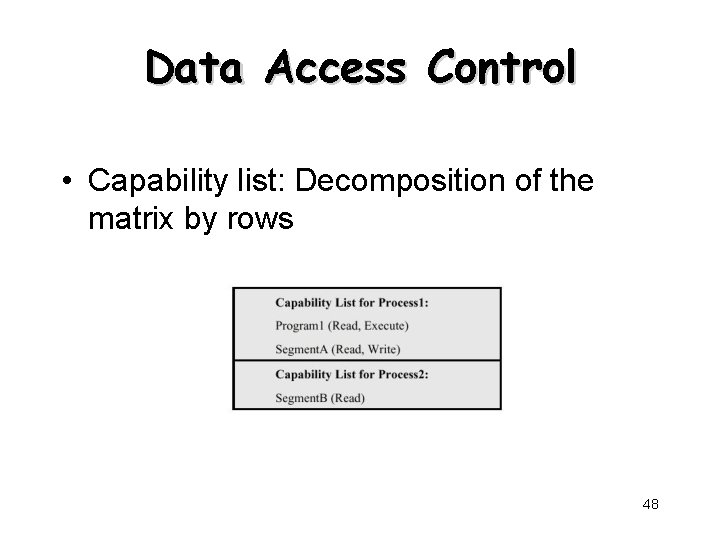 Data Access Control • Capability list: Decomposition of the matrix by rows 48 