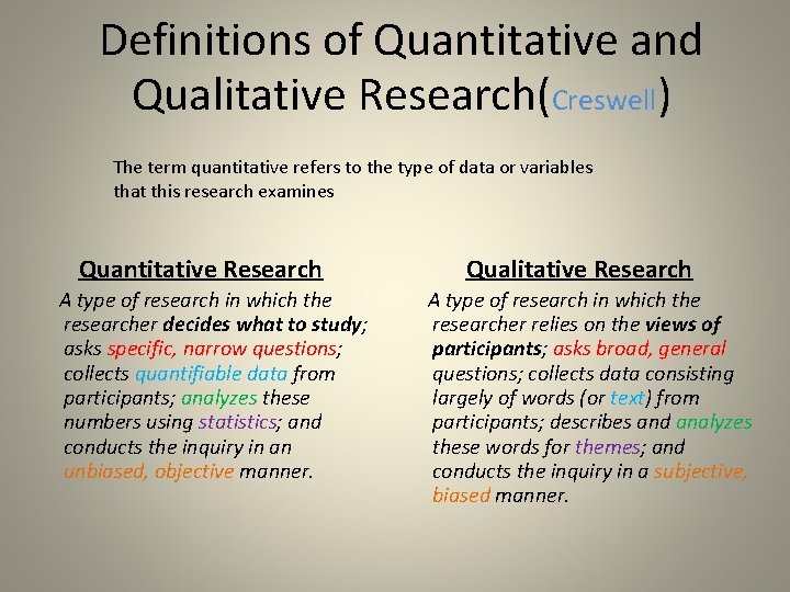 Definitions of Quantitative and Qualitative Research(Creswell) The term quantitative refers to the type of