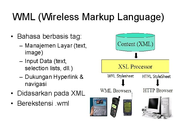 WML (Wireless Markup Language) • Bahasa berbasis tag: – Manajemen Layar (text, image) –