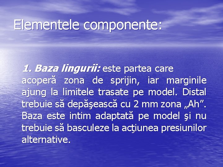 Elementele componente: 1. Baza lingurii: este partea care acoperă zona de sprijin, iar marginile