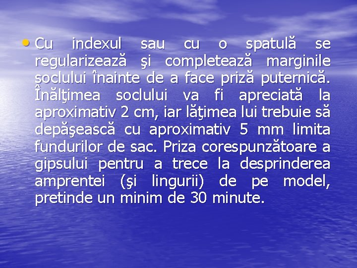  • Cu indexul sau cu o spatulă se regularizează şi completează marginile soclului