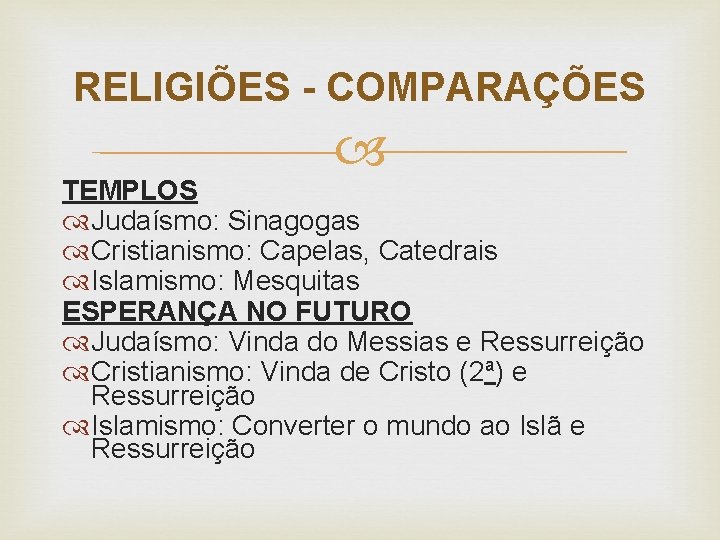 RELIGIÕES - COMPARAÇÕES TEMPLOS Judaísmo: Sinagogas Cristianismo: Capelas, Catedrais Islamismo: Mesquitas ESPERANÇA NO FUTURO