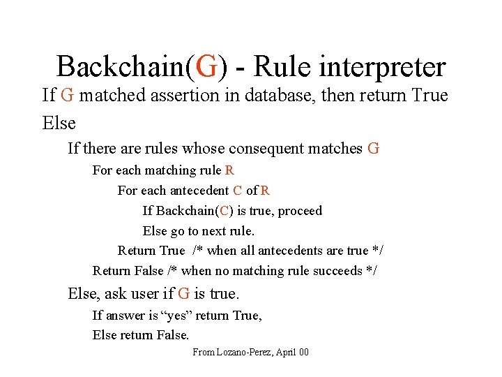 Backchain(G) - Rule interpreter If G matched assertion in database, then return True Else