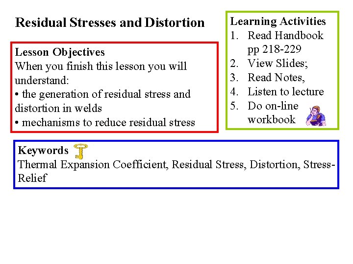 Residual Stresses and Distortion Lesson Objectives When you finish this lesson you will understand: