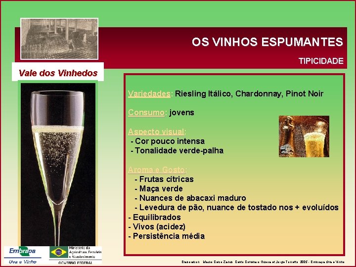 OS VINHOS ESPUMANTES TIPICIDADE Vale dos Vinhedos Variedades: Riesling Itálico, Chardonnay, Pinot Noir Consumo: