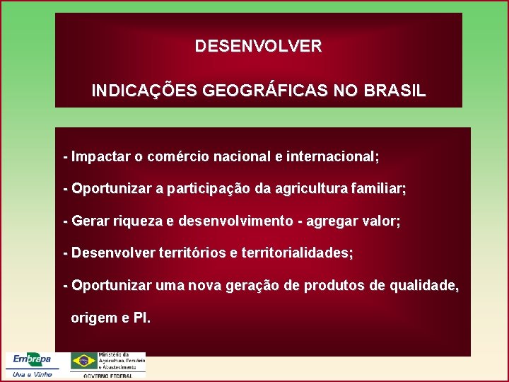 DESENVOLVER INDICAÇÕES GEOGRÁFICAS NO BRASIL - Impactar o comércio nacional e internacional; - Oportunizar