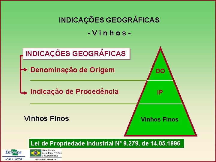 INDICAÇÕES GEOGRÁFICAS -Vinhos. INDICAÇÕES GEOGRÁFICAS Denominação de Origem DO Indicação de Procedência IP Vinhos