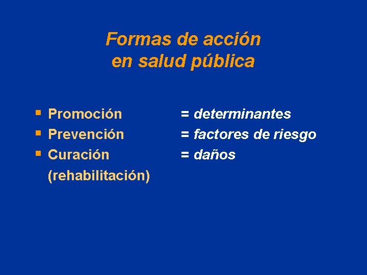 Formas de acción en salud pública § Promoción § Prevención § Curación (rehabilitación) =