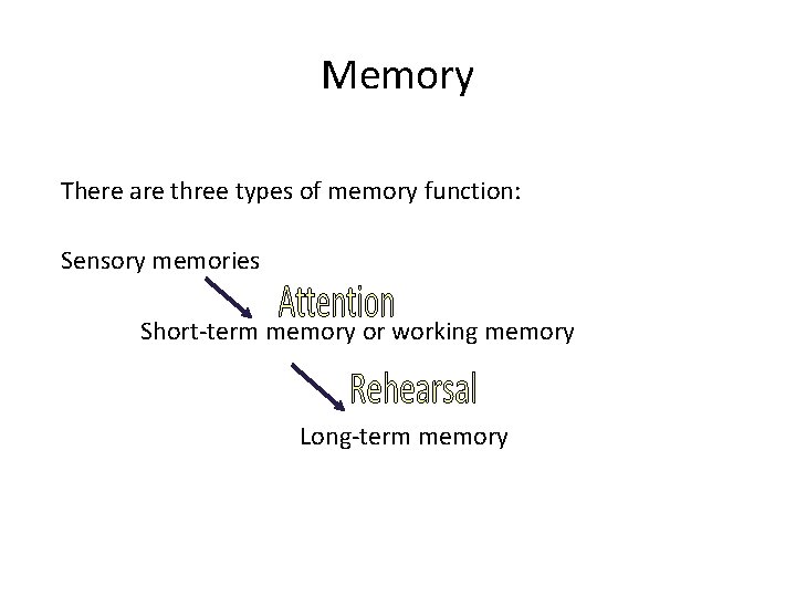 Memory There are three types of memory function: Sensory memories Short-term memory or working