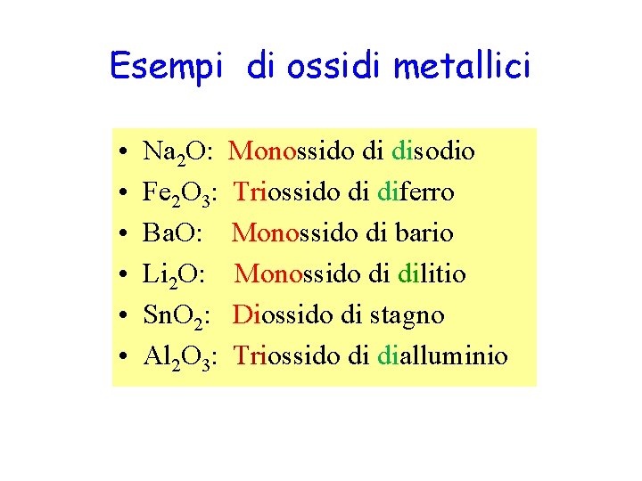 Esempi di ossidi metallici • • • Na 2 O: Monossido di disodio Fe