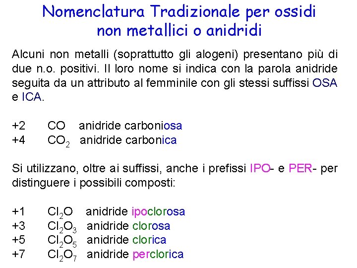 Nomenclatura Tradizionale per ossidi non metallici o anidridi Alcuni non metalli (soprattutto gli alogeni)