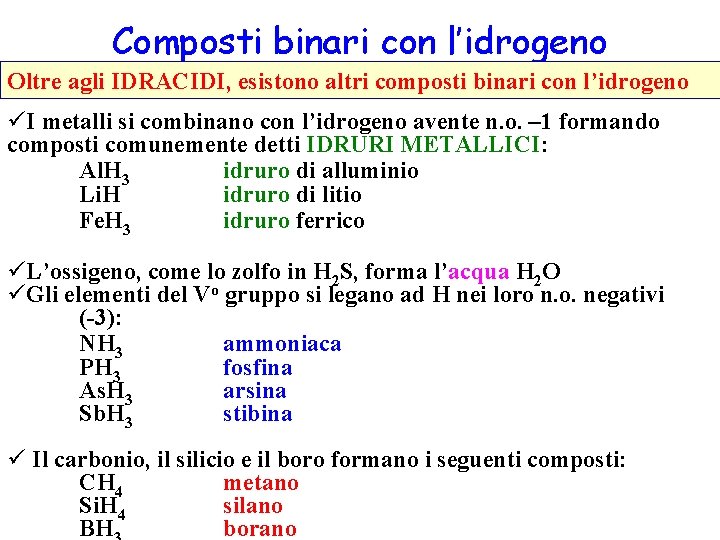 Composti binari con l’idrogeno Oltre agli IDRACIDI, esistono altri composti binari con l’idrogeno üI