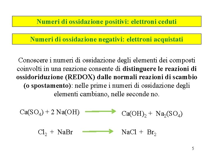 Numeri di ossidazione positivi: elettroni ceduti Numeri di ossidazione negativi: elettroni acquistati Conoscere i