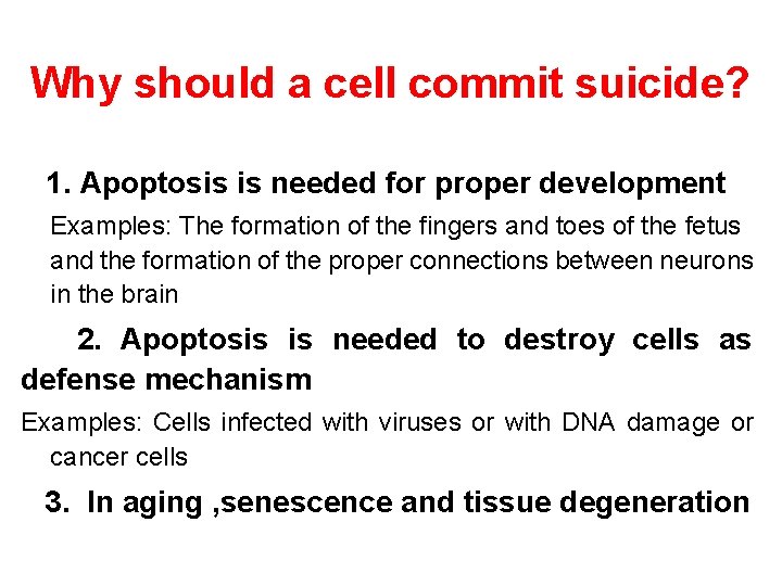 Why should a cell commit suicide? 1. Apoptosis is needed for proper development Examples: